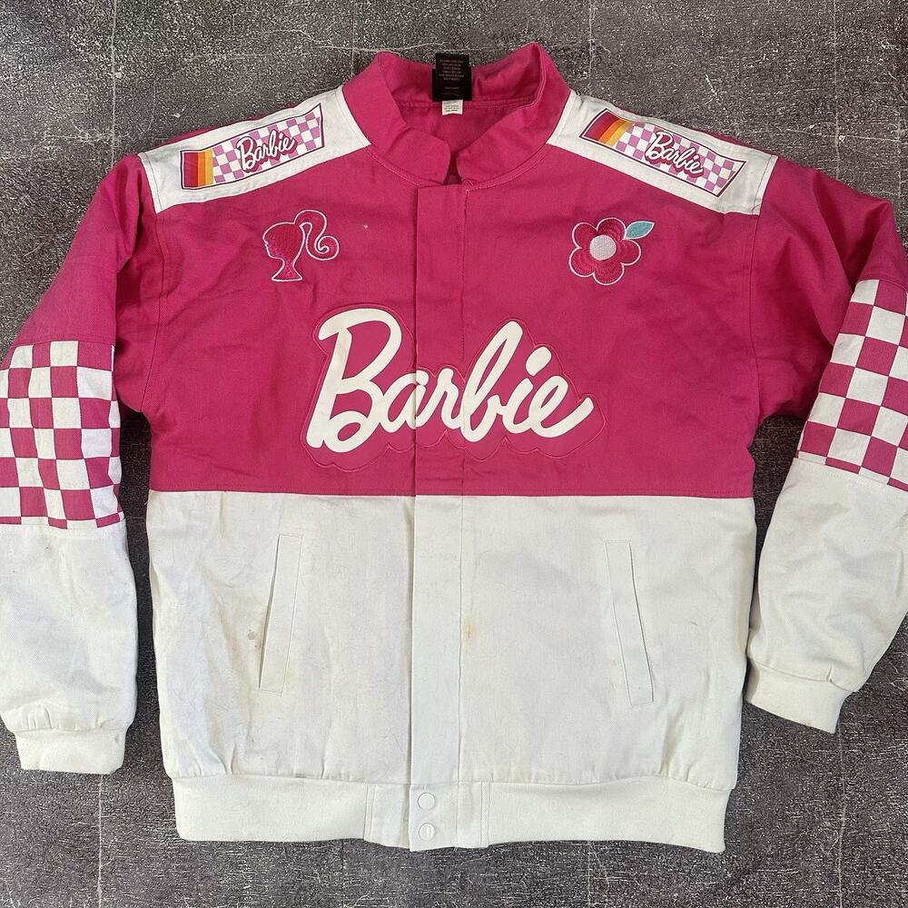 Women's BoxLunch Exclusive X Mattel Barbie Checkered NASCAR Racing Jacket Sz M